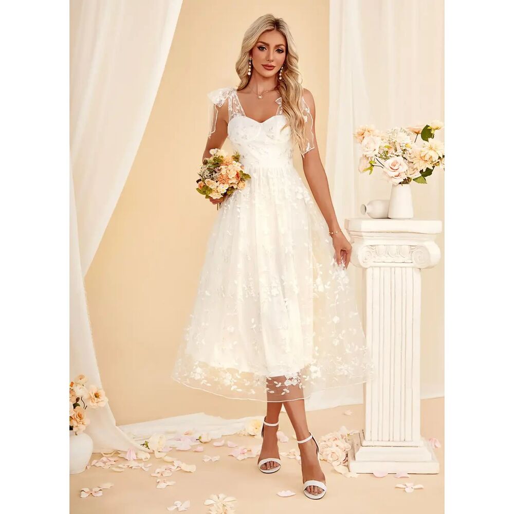 JJ's House Ambria White Bow Lace Midi Dress six xlarge wedding, prom, quince